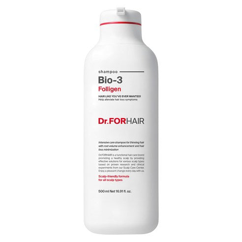 ProtoClinical k-beauty Dr.FORHAIR Bio-3 Folligen Shampoo 500ml single upright gray shampoo bottle centered on a light background.