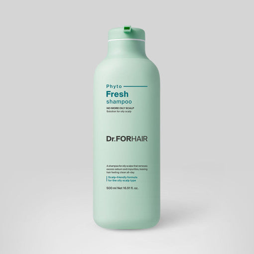 ProtoClinical k-beauty Dr.FORHAIR Phyto Fresh Shampoo 500ml single upright pale green shampoo bottle centered on a light background.