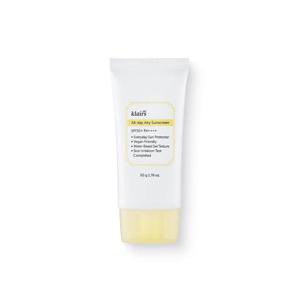 ProtoClinical k-beauty KLAIRS All-day Airy Sunscreen SPF50+ PA++++ 50g single upright sunscreen tube centered on a white background