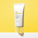 ProtoClinical k-beauty KLAIRS All-day Airy Sunscreen SPF50+ PA++++ 50g single upright white sunscreen tube on a bright yellow background with a soft gray shadow