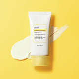 ProtoClinical k-beauty KLAIRS All-day Airy Sunscreen SPF50+ PA++++ 50g white sunscreen tube and matching carton side by side on a bright yellow background