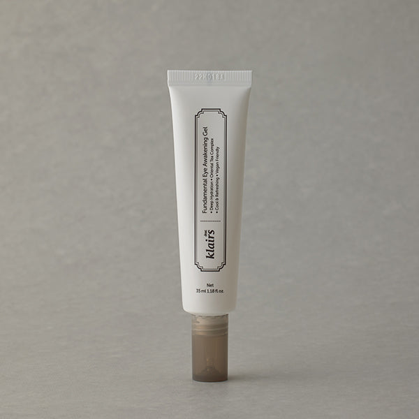ProtoClinical k-beauty KLAIRS Fundamental Eye Awakening Gel 35ml soft beige and gray skincare concept graphic on a light background