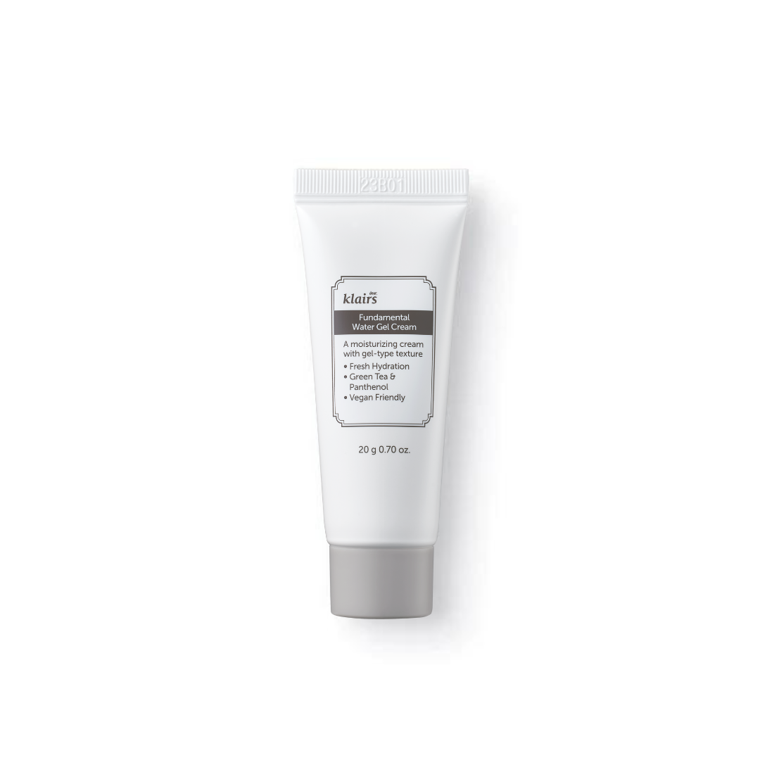 ProtoClinical k-beauty KLAIRS Fundamental Water Gel Cream 20g bright white skincare cream packaging graphic on a pale background.