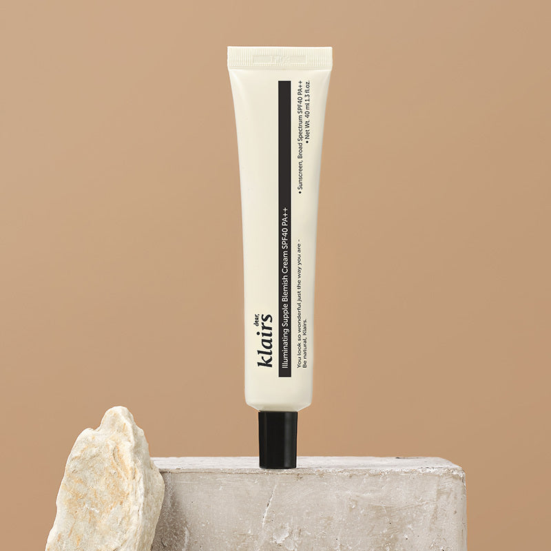 ProtoClinical k-beauty KLAIRS Illuminating Supple Blemish Cream 40g skincare concept graphic on a pale background.