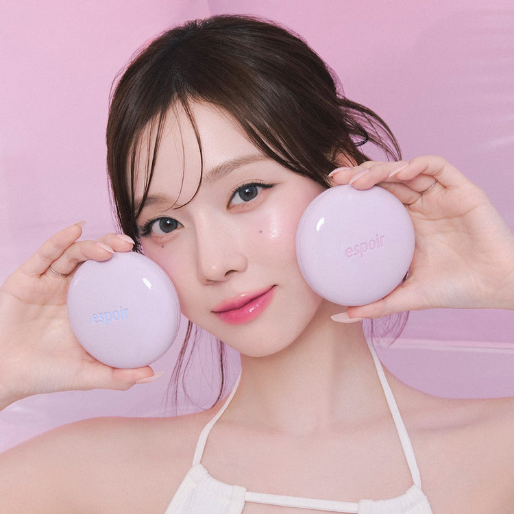 espoir Dewlike Jello Tone Up Cushion SPF50+ PA+++15g by ProtoClinical shown in product packaging for a k-beauty makeup routine.