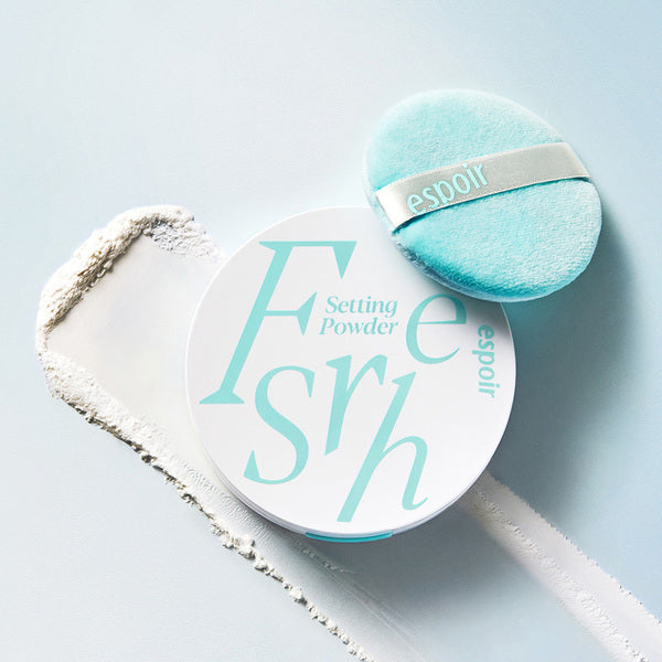 espoir Fresh Setting Powder 9g by ProtoClinical shown in a pale blue product detail graphic for a k-beauty setting powder.