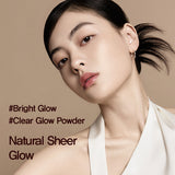 espoir Pro Taillor Be Glow Sheer Powder 8g by ProtoClinical presented in a promotional powder graphic, highlighting the compact and soft-focus makeup styling for a k-beauty routine.