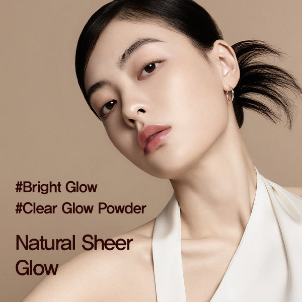 espoir Pro Taillor Be Glow Sheer Powder 8g by ProtoClinical presented in a promotional powder graphic, highlighting the compact and soft-focus makeup styling for a k-beauty routine.