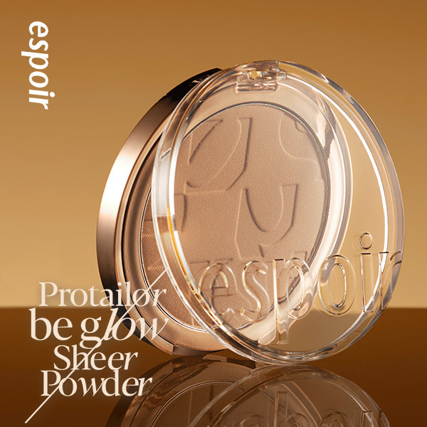 espoir Pro Taillor Be Glow Sheer Powder 8g by ProtoClinical displayed in a glowing powder compact packshot on a white background, highlighting the sleek compact packaging for a k-beauty makeup routine.