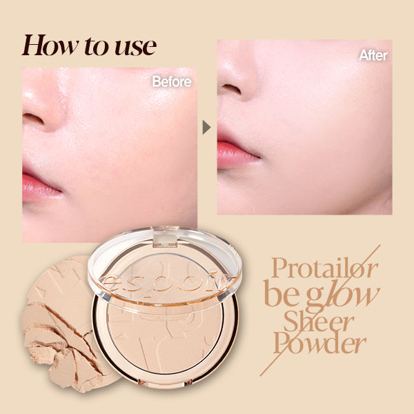 espoir Pro Taillor Be Glow Sheer Powder 8g by ProtoClinical shown in a how-to-use makeup graphic, highlighting application steps and the sheer powder presentation for a k-beauty makeup routine.