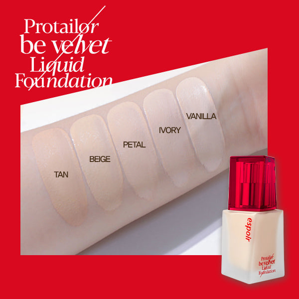 ProtoClinical k-beauty espoir Pro Tailor Foundation Be Velvet SPF22 PA++ 30g how-to-use product graphic on a light background.