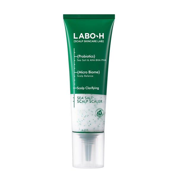 ProtoClinical k-beauty LABO-H Scalp Strengthening Clinic Scaler Hair Loss Care 208g front-facing green and white scalp scaler tube with a clear cap on a clean white background