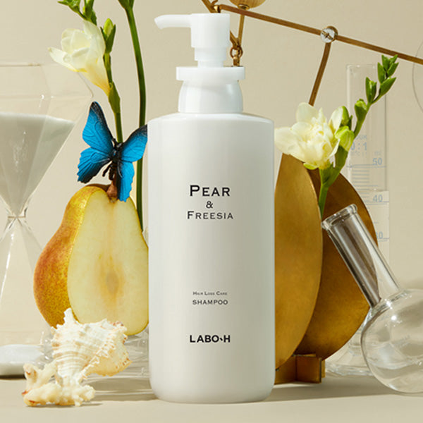ProtoClinical k-beauty LABO-H Scalp Strengthening Shampoo Hair Loss Care Pear&Freesia 400ml in front-facing shampoo bottle packaging with pear and freesia labeling on a white background