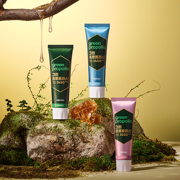 ProtoClinical k-beauty MEDIAN Green-Propolis Toothpaste Fresh Peach 100g*3 boxed toothpaste pack and matching tube on a clean white background with peach accents