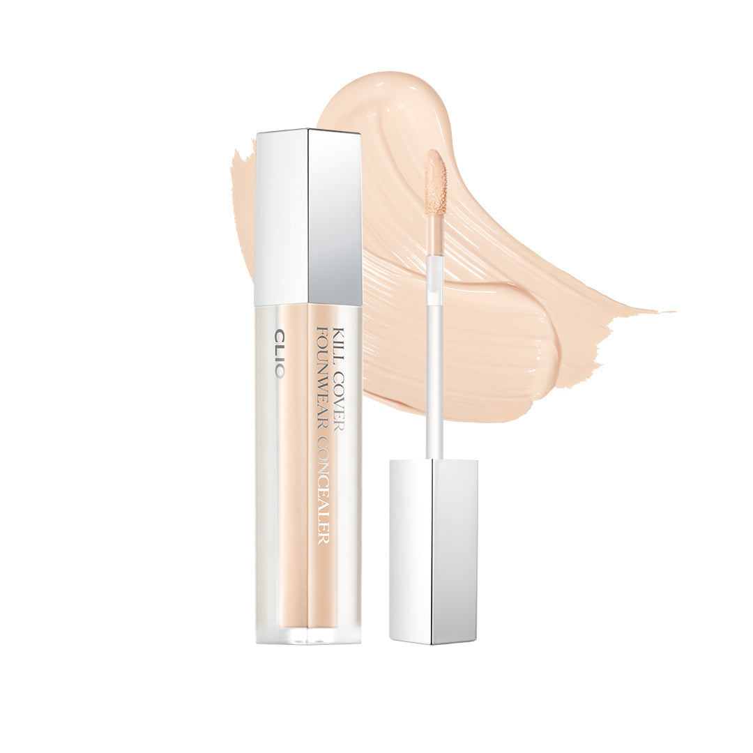 ProtoClinical k-beauty CLIO KILL COVER FOUNWEAR CONCEALER 6g single upright beige concealer package centered on a pale blue and white background