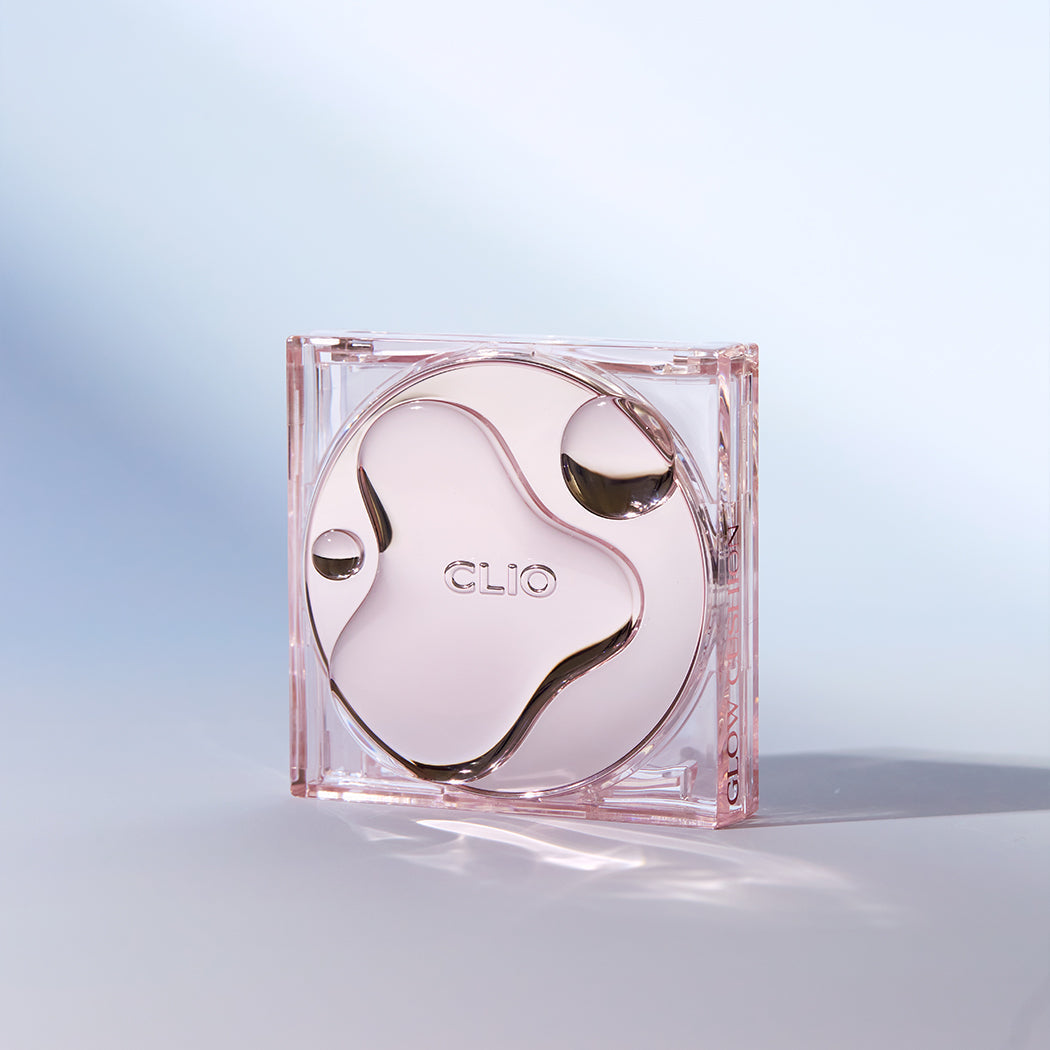 ProtoClinical k-beauty CLIO Kill Cover High Glow Cushion Set (+Refill) with two upright cushion-packaging items in cool gray and pink tones on a pale blue background