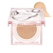 ProtoClinical k-beauty CLIO Kill Cover High Glow Cushion Set (+Refill) packaging collage with warm beige and peach tones on a light background
