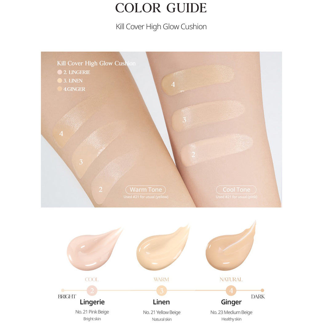 ProtoClinical k-beauty CLIO Kill Cover High Glow Cushion Set (+Refill) cushion packaging in warm beige and peach tones on a light background