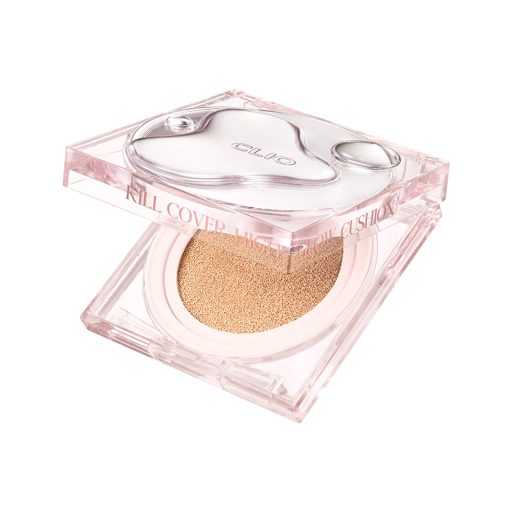 ProtoClinical k-beauty CLIO Kill Cover High Glow Cushion Set (+Refill) cushion packaging in soft pink and beige tones on a light background