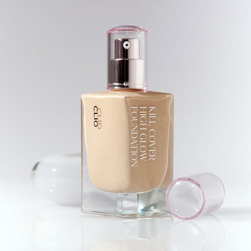 ProtoClinical k-beauty CLIO KILL COVER HIGH GLOW FOUNDATION 38g single upright foundation bottle centered on a light background