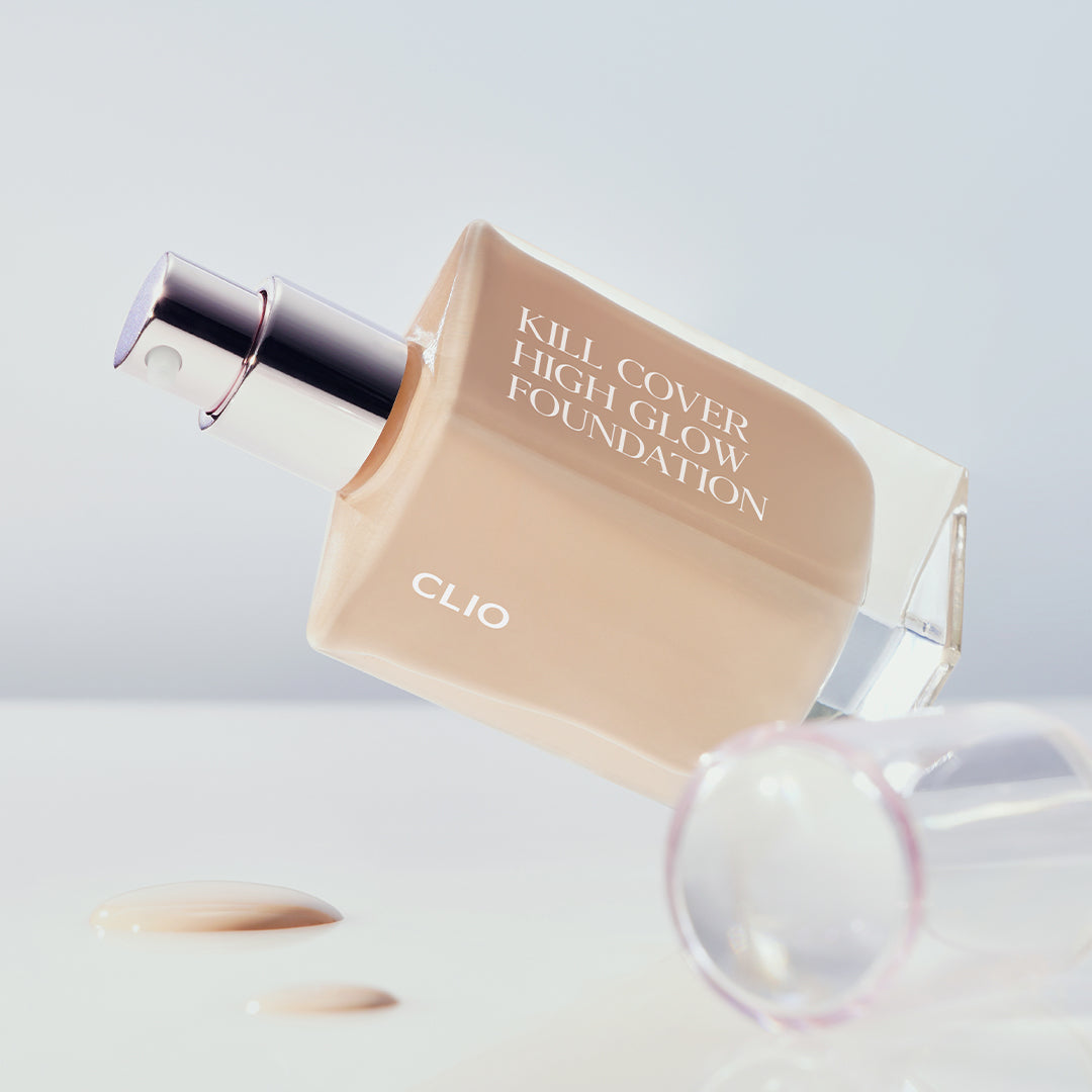 ProtoClinical k-beauty CLIO KILL COVER HIGH GLOW FOUNDATION 38g single upright foundation bottle centered on a white background