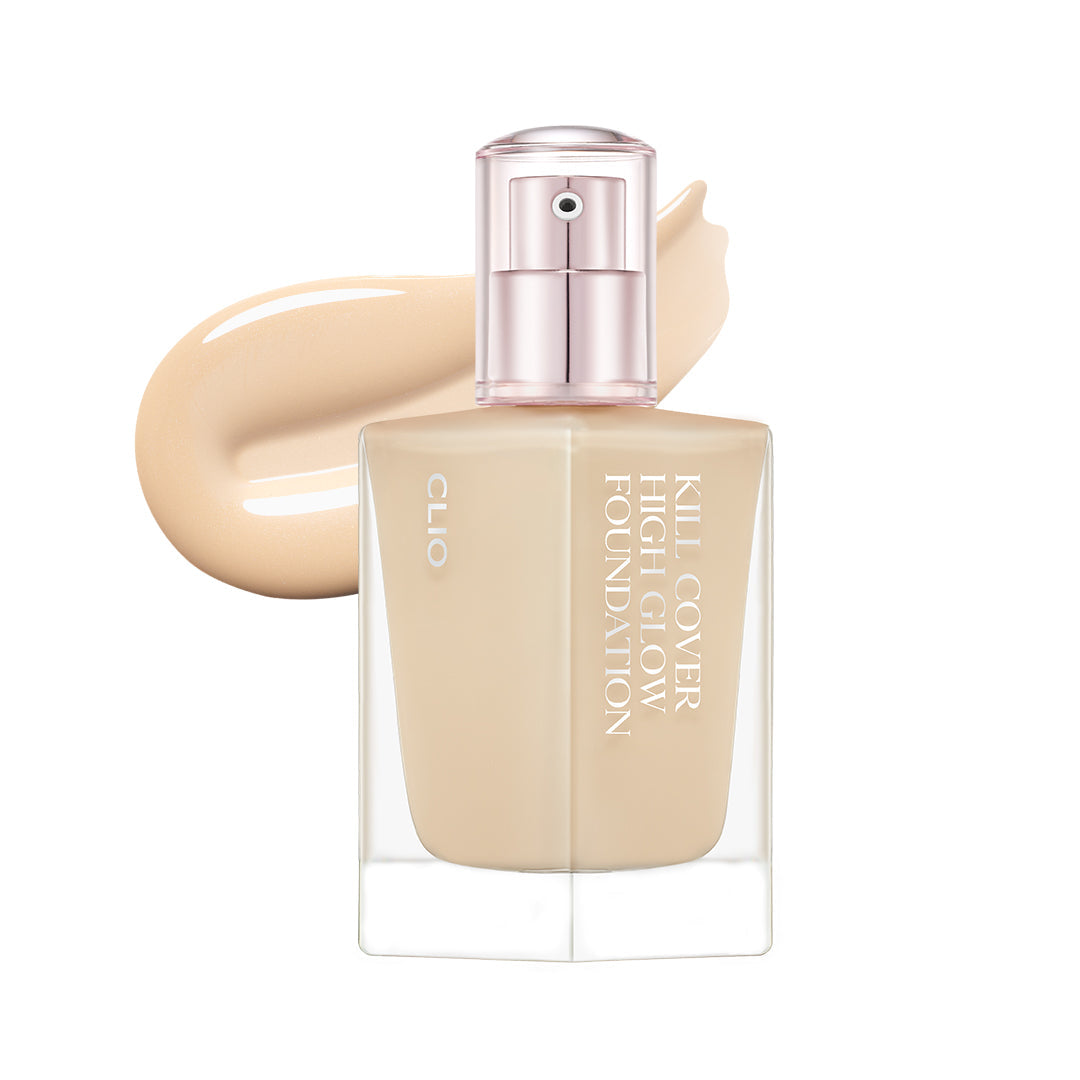 ProtoClinical k-beauty CLIO KILL COVER HIGH GLOW FOUNDATION 38g single upright foundation bottle centered on a white background with pale cream side shading