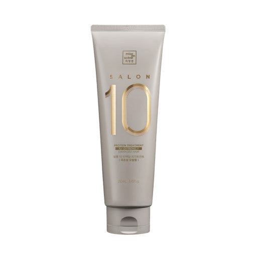 ProtoClinical k-beauty [mise en scene] Salon10 Protein Treatment (for extremely damaged hair) 250ml single olive protein treatment package centered upright on a light background.