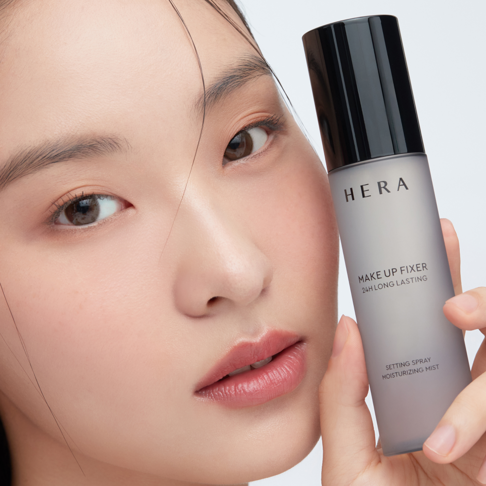 HERA Make Up Fixer 80ml by ProtoClinical shown in makeup setting spray product imagery for a k-beauty routine.