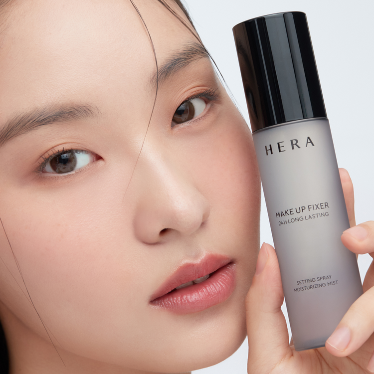 HERA Make Up Fixer 80ml by ProtoClinical shown in makeup setting spray product imagery for a k-beauty routine.