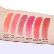 ProtoClinical k-beauty HERA Sensual Fitting Glow Tint 5g peach coral lip tint color swatch with pale aqua and white bands on a light background.