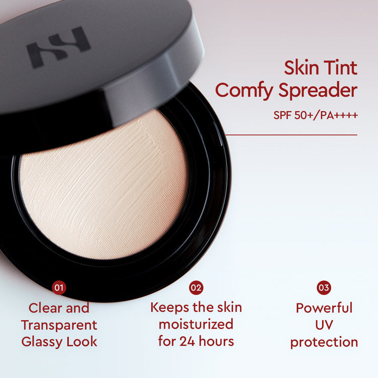 ProtoClinical k-beauty HERA Skin Tint Comfy Spreader SPF50/ PA++++ 15g paired product silhouettes on a light background.