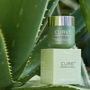 ProtoClinical k-beauty [KIM JEONG MOON Aloe] Cure Plus Intensive 2X Cream 50g as a single pale green cream package centered upright on a dark olive background