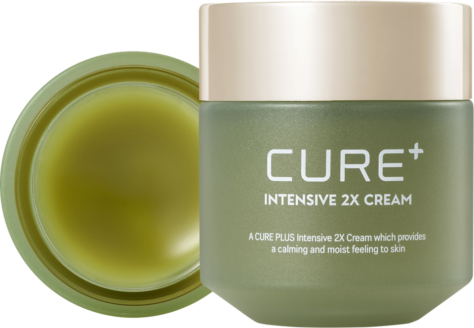 ProtoClinical k-beauty [KIM JEONG MOON Aloe] Cure Plus Intensive 2X Cream 50g with two olive-green product packages side by side on a pale pink and cream background