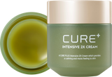 ProtoClinical k-beauty [KIM JEONG MOON Aloe] Cure Plus Intensive 2X Cream 50g with two olive-green product packages side by side on a pale pink and cream background