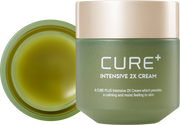 ProtoClinical k-beauty [KIM JEONG MOON Aloe] Cure Plus Intensive 2X Cream 50g with two olive-green product packages side by side on a pale pink and cream background