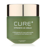 ProtoClinical k-beauty [KIM JEONG MOON Aloe] Cure Plus Intensive 2X Cream 50g as a single pale green cream package centered upright on a pale cream and lavender background