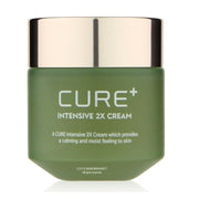 ProtoClinical k-beauty [KIM JEONG MOON Aloe] Cure Plus Intensive 2X Cream 50g as a single pale green cream package centered upright on a pale cream and lavender background