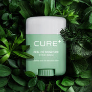 ProtoClinical k-beauty [KIM JEONG MOON Aloe] Cure Realoe Signature Stick Balm 14g as a single upright light green stick balm centered on a dark green background