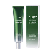 ProtoClinical k-beauty [KIM JEONG MOON Aloe] Cure+ Signature 3X Cream 50ml as two dark green cream packages side by side on a white background