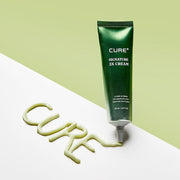 ProtoClinical k-beauty [KIM JEONG MOON Aloe] Cure+ Signature 3X Cream 50ml as a single dark green cream package centered upright on a pale green background