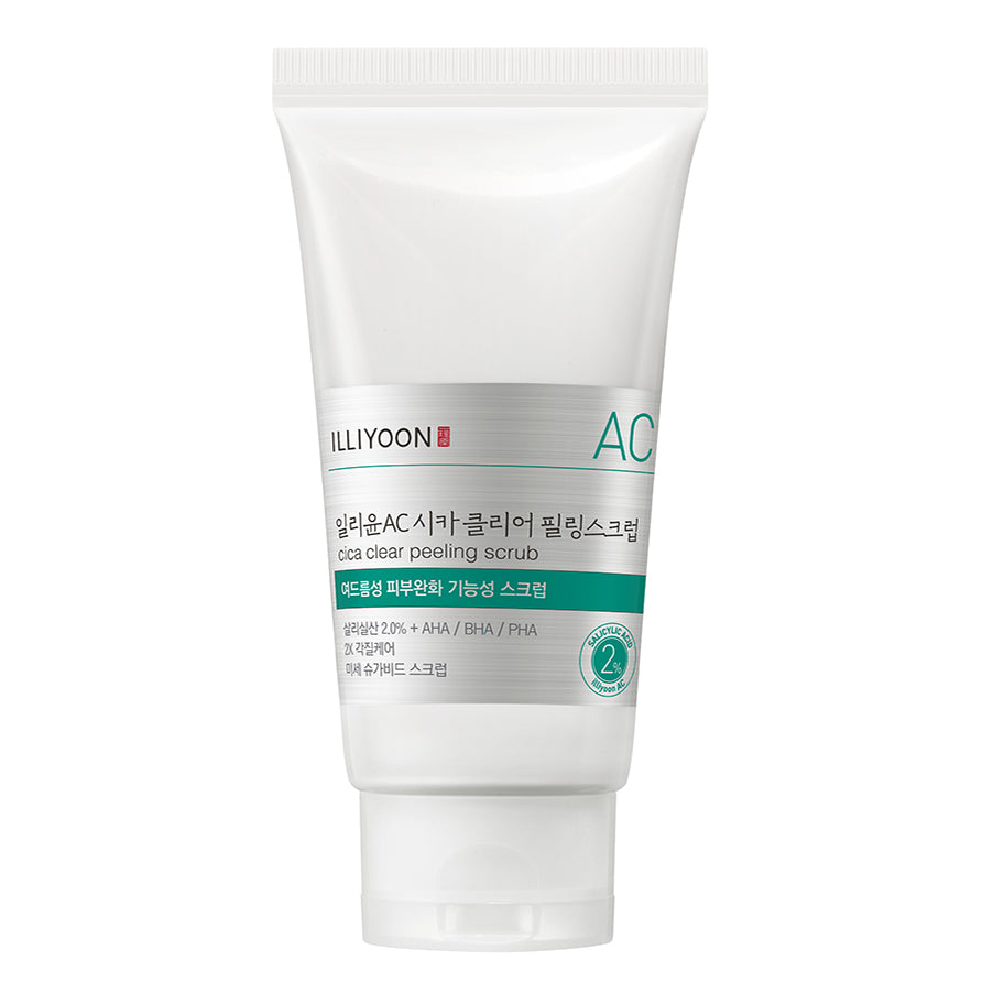 ProtoClinical k-beauty ILLIYOON Cica Acne Clear Peeling Scrub 200g shown as a single mint scrub tube centered upright on a white background