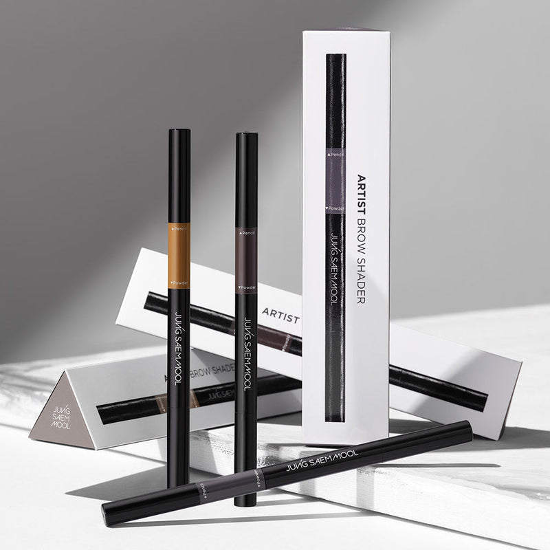 ProtoClinical k-beauty JUNGSAEMMOOL Artist Brow Shader 0.18g cool gray vertical brow product silhouette with a dark base on a white background.