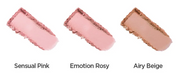 ProtoClinical k-beauty JUNGSAEMMOOL Colorpiece Blush 4.3g row of soft pink and beige blush shade bars with pale aqua accents on a light background.