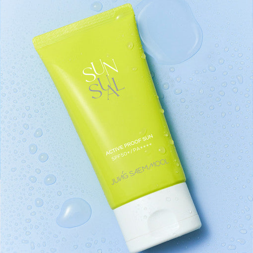 ProtoClinical k-beauty JUNGSAEMMOOL Sunsual Active Proof Sun 70ml SPF 50+ / PA++++ sunscreen product visual with yellow and blue tones on a light background.