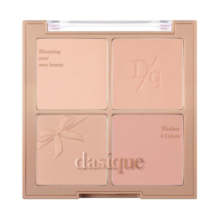 ProtoClinical k-beauty dasique Blending Mood Cheek - 10 Muted Nuts single square peach blush palette centered on a light background with charcoal corner accents