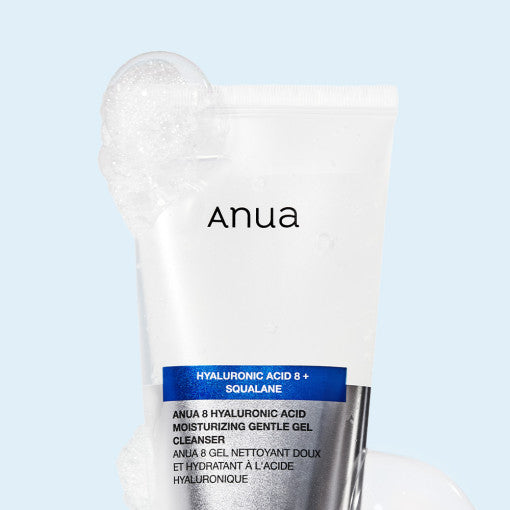 Anua 8 Hyaluronic Acid Moisturizing Gentle Gel Cleanser 150ml by ProtoClinical displayed in a clean cleanser packaging shot on a light background, highlighting the moisturizing gel presentation for a k-beauty skincare routine.