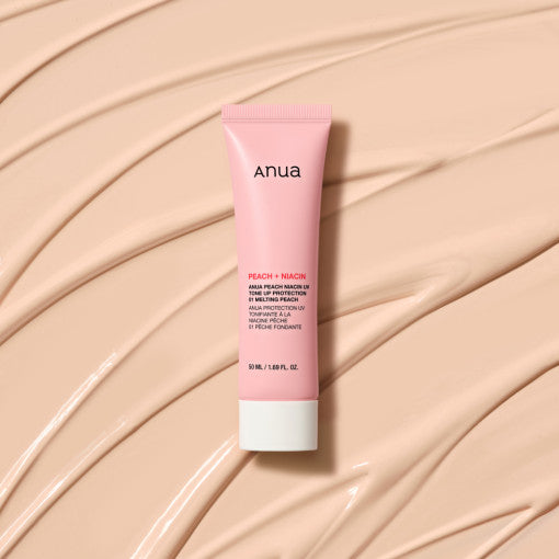 Anua ANUA Peach Niacin UV Tone Up Protection 50ml by ProtoClinical shown in a detailed sunscreen product visual with front-facing packaging on a clean background for a k-beauty routine.