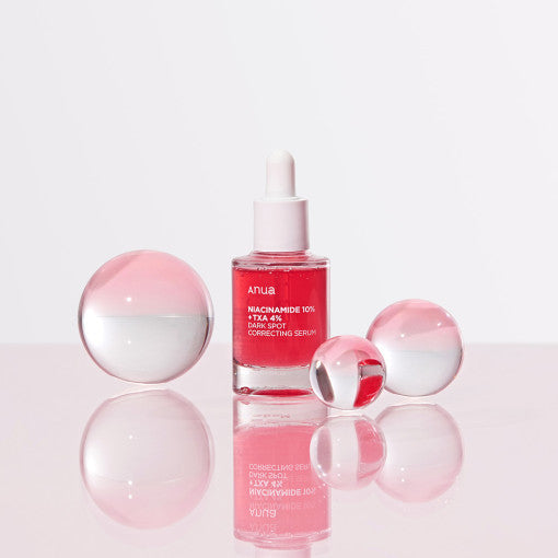 Anua Niacinamide 10% + TXA 4% Serum 30ml pink bottle on aqua and pink background