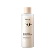 ProtoClinical k-beauty Anua Rice 70 Glow Milky Toner 250ml single upright pale beige toner bottle centered on a white background with soft pink side shading