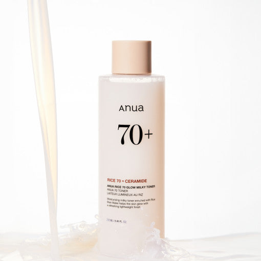 ProtoClinical k-beauty Anua Rice 70 Glow Milky Toner 250ml single upright pale beige toner bottle centered on a white background with pale blue and peach side shading